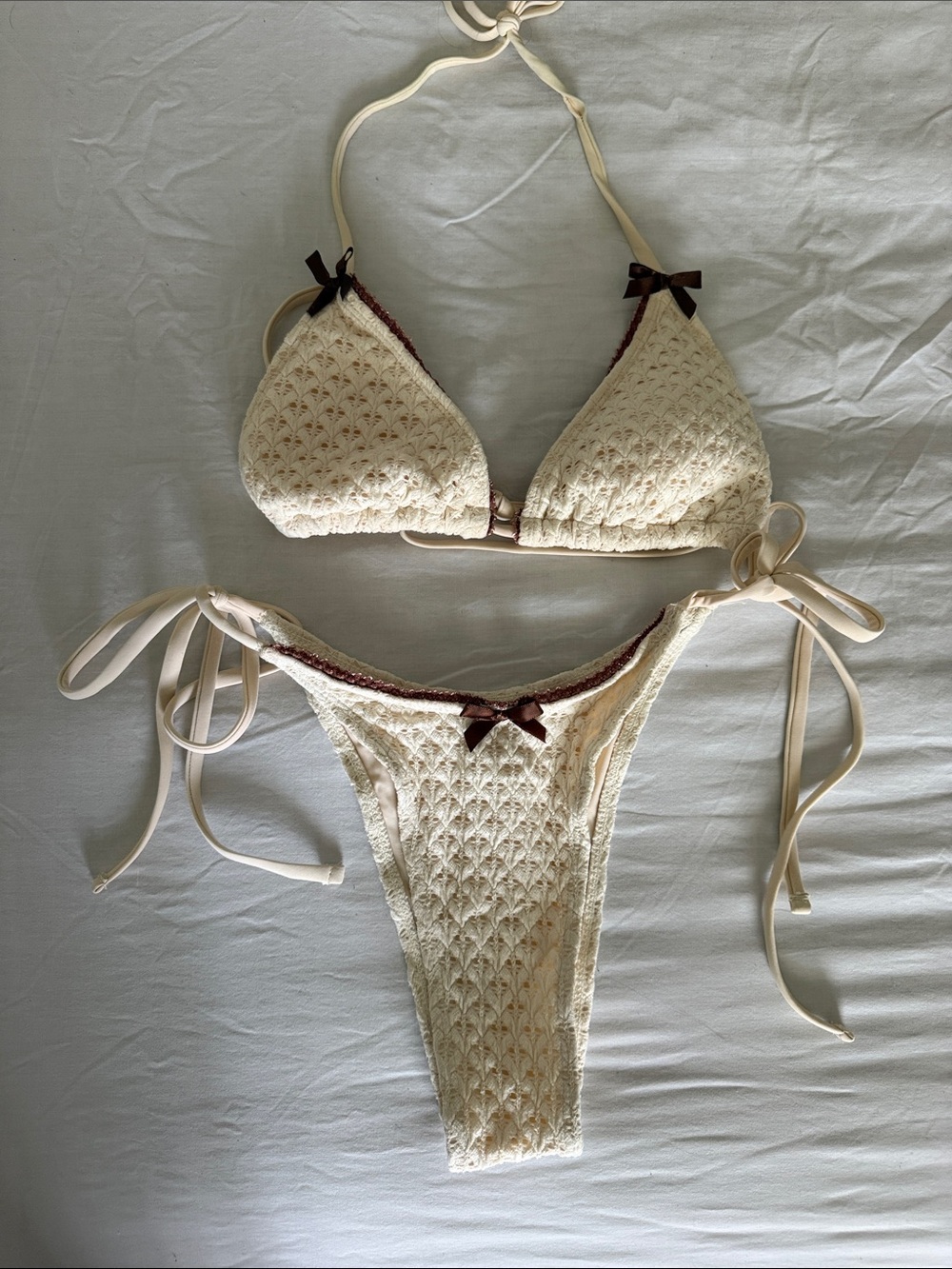 Cream Crochet Triangle Bikini Set with Brown Trim